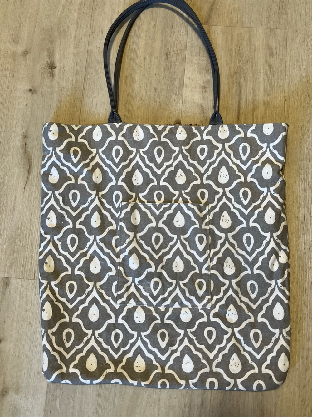 Gray and White Patterned Canvas Tote with Black Handles large 17” by 16”